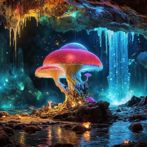 A vibrant and detailed fantasy photograph of an alien planet. Where every element appears meticulously crafted from iridescent stained glass. From a cave system, dominated by towering crystals, giant bioluminescent mushrooms, in all shapes and sizes, that glow in vibrant iridescent colors. A stream of iridescent blue water, flows down the center of the cave from a waterfall, off in the distance. The alien flora, vibrantly colored, attracting alien insects, like nothing you've ever seen. Glow worms hang down from the ceiling, emitting the entire spectrum of the rainbow in colors, they seem to dance and blend as if they are connected. Outside the cave system, the sky shimmers with a breathtaking aurora borealis that fills the sky, creating a cosmic spectacle of galaxies, nebulae, and radiant starlight, in this nighttime landscape.