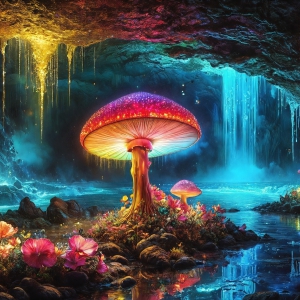 A vibrant and detailed fantasy photograph of an alien planet. Where every element appears meticulously crafted from iridescent stained glass. From a cave system, dominated by towering crystals, giant bioluminescent mushrooms, in all shapes and sizes, that glow in vibrant iridescent colors. A stream of iridescent blue water, flows down the center of the cave from a waterfall, off in the distance. The alien flora, vibrantly colored, attracting alien insects, like nothing you've ever seen. Glow worms hang down from the ceiling, emitting the entire spectrum of the rainbow in colors, they seem to dance and blend as if they are connected. Outside the cave system, the sky shimmers with a breathtaking aurora borealis that fills the sky, creating a cosmic spectacle of galaxies, nebulae, and radiant starlight, in this nighttime landscape.
