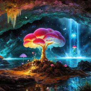 A vibrant and detailed fantasy photograph of an alien planet. Where every element appears meticulously crafted from iridescent stained glass. From a cave system, dominated by towering crystals, giant bioluminescent mushrooms, in all shapes and sizes, that glow in vibrant iridescent colors. A stream of iridescent blue water, flows down the center of the cave from a waterfall, off in the distance. The alien flora, vibrantly colored, attracting alien insects, like nothing you've ever seen. Glow worms hang down from the ceiling, emitting the entire spectrum of the rainbow in colors, they seem to dance and blend as if they are connected. Outside the cave system, the sky shimmers with a breathtaking aurora borealis that fills the sky, creating a cosmic spectacle of galaxies, nebulae, and radiant starlight, in this nighttime landscape.