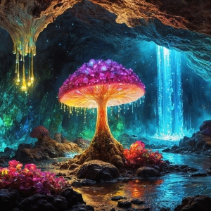 A vibrant and detailed fantasy photograph of an alien planet. Where every element appears meticulously crafted from iridescent stained glass. From a cave system, dominated by towering crystals, giant bioluminescent mushrooms, in all shapes and sizes, that glow in vibrant iridescent colors. A stream of iridescent blue water, flows down the center of the cave from a waterfall, off in the distance. The alien flora, vibrantly colored, attracting alien insects, like nothing you've ever seen. Glow worms hang down from the ceiling, emitting the entire spectrum of the rainbow in colors, they seem to dance and blend as if they are connected. Outside the cave system, the sky shimmers with a breathtaking aurora borealis that fills the sky, creating a cosmic spectacle of galaxies, nebulae, and radiant starlight, in this nighttime landscape.