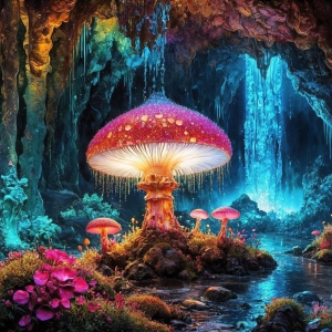 A vibrant and detailed fantasy photograph of an alien planet. Where every element appears meticulously crafted from iridescent stained glass. From a cave system, dominated by towering crystals, giant bioluminescent mushrooms, in all shapes and sizes, that glow in vibrant iridescent colors. A stream of iridescent blue water, flows down the center of the cave from a waterfall, off in the distance. The alien flora, vibrantly colored, attracting alien insects, like nothing you've ever seen. Glow worms hang down from the ceiling, emitting the entire spectrum of the rainbow in colors, they seem to dance and blend as if they are connected. Outside the cave system, the sky shimmers with a breathtaking aurora borealis that fills the sky, creating a cosmic spectacle of galaxies, nebulae, and radiant starlight, in this nighttime landscape.