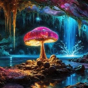 A vibrant and detailed fantasy photograph of an alien planet. Where every element appears meticulously crafted from iridescent stained glass. From a cave system, dominated by towering crystals, giant bioluminescent mushrooms, in all shapes and sizes, that glow in vibrant iridescent colors. A stream of iridescent blue water, flows down the center of the cave from a waterfall, off in the distance. The alien flora, vibrantly colored, attracting alien insects, like nothing you've ever seen. Glow worms hang down from the ceiling, emitting the entire spectrum of the rainbow in colors, they seem to dance and blend as if they are connected. Outside the cave system, the sky shimmers with a breathtaking aurora borealis that fills the sky, creating a cosmic spectacle of galaxies, nebulae, and radiant starlight, in this nighttime landscape.