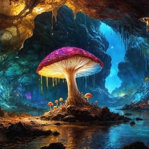 A vibrant and detailed fantasy photograph of an alien planet. Where every element appears meticulously crafted from iridescent stained glass. From a cave system, dominated by towering crystals, giant bioluminescent mushrooms, in all shapes and sizes, that glow in vibrant iridescent colors. A stream of iridescent blue water, flows down the center of the cave from a waterfall, off in the distance. The alien flora, vibrantly colored, attracting alien insects, like nothing you've ever seen. Glow worms hang down from the ceiling, emitting the entire spectrum of the rainbow in colors, they seem to dance and blend as if they are connected. Outside the cave system, the sky shimmers with a breathtaking aurora borealis that fills the sky, creating a cosmic spectacle of galaxies, nebulae, and radiant starlight, in this nighttime landscape.
