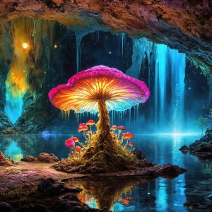 A vibrant and detailed fantasy photograph of an alien planet. Where every element appears meticulously crafted from iridescent stained glass. From a cave system, dominated by towering crystals, giant bioluminescent mushrooms, in all shapes and sizes, that glow in vibrant iridescent colors. A stream of iridescent blue water, flows down the center of the cave from a waterfall, off in the distance. The alien flora, vibrantly colored, attracting alien insects, like nothing you've ever seen. Glow worms hang down from the ceiling, emitting the entire spectrum of the rainbow in colors, they seem to dance and blend as if they are connected. Outside the cave system, the sky shimmers with a breathtaking aurora borealis that fills the sky, creating a cosmic spectacle of galaxies, nebulae, and radiant starlight, in this nighttime landscape.
