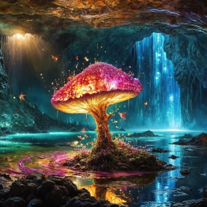 A vibrant and detailed fantasy photograph of an alien planet. Where every element appears meticulously crafted from iridescent stained glass. From a cave system, dominated by towering crystals, giant bioluminescent mushrooms, in all shapes and sizes, that glow in vibrant iridescent colors. A stream of iridescent blue water, flows down the center of the cave from a waterfall, off in the distance. The alien flora, vibrantly colored, attracting alien insects, like nothing you've ever seen. Glow worms hang down from the ceiling, emitting the entire spectrum of the rainbow in colors, they seem to dance and blend as if they are connected. Outside the cave system, the sky shimmers with a breathtaking aurora borealis that fills the sky, creating a cosmic spectacle of galaxies, nebulae, and radiant starlight, in this nighttime landscape.