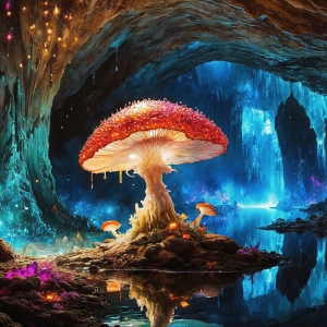A vibrant and detailed fantasy photograph of an alien planet. Where every element appears meticulously crafted from iridescent stained glass. From a cave system, dominated by towering crystals, giant bioluminescent mushrooms, in all shapes and sizes, that glow in vibrant iridescent colors. A stream of iridescent blue water, flows down the center of the cave from a waterfall, off in the distance. The alien flora, vibrantly colored, attracting alien insects, like nothing you've ever seen. Glow worms hang down from the ceiling, emitting the entire spectrum of the rainbow in colors, they seem to dance and blend as if they are connected. Outside the cave system, the sky shimmers with a breathtaking aurora borealis that fills the sky, creating a cosmic spectacle of galaxies, nebulae, and radiant starlight, in this nighttime landscape.