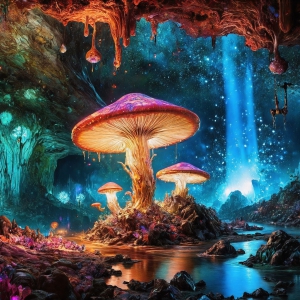 A vibrant and detailed fantasy photograph of an alien planet. Where every element appears meticulously crafted from iridescent stained glass. From a cave system, dominated by towering crystals, giant bioluminescent mushrooms, in all shapes and sizes, that glow in vibrant iridescent colors. A stream of iridescent blue water, flows down the center of the cave from a waterfall, off in the distance. The alien flora, vibrantly colored, attracting alien insects, like nothing you've ever seen. Glow worms hang down from the ceiling, emitting the entire spectrum of the rainbow in colors, they seem to dance and blend as if they are connected. Outside the cave system, the sky shimmers with a breathtaking aurora borealis that fills the sky, creating a cosmic spectacle of galaxies, nebulae, and radiant starlight, in this nighttime landscape.