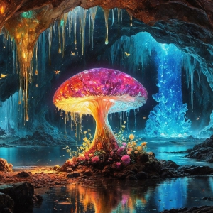 A vibrant and detailed fantasy photograph of an alien planet. Where every element appears meticulously crafted from iridescent stained glass. From a cave system, dominated by towering crystals, giant bioluminescent mushrooms, in all shapes and sizes, that glow in vibrant iridescent colors. A stream of iridescent blue water, flows down the center of the cave from a waterfall, off in the distance. The alien flora, vibrantly colored, attracting alien insects, like nothing you've ever seen. Glow worms hang down from the ceiling, emitting the entire spectrum of the rainbow in colors, they seem to dance and blend as if they are connected. Outside the cave system, the sky shimmers with a breathtaking aurora borealis that fills the sky, creating a cosmic spectacle of galaxies, nebulae, and radiant starlight, in this nighttime landscape.