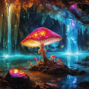 A vibrant and detailed fantasy photograph of an alien planet. Where every element appears meticulously crafted from iridescent stained glass. From a cave system, dominated by towering crystals, giant bioluminescent mushrooms, in all shapes and sizes, that glow in vibrant iridescent colors. A stream of iridescent blue water, flows down the center of the cave from a waterfall, off in the distance. The alien flora, vibrantly colored, attracting alien insects, like nothing you've ever seen. Glow worms hang down from the ceiling, emitting the entire spectrum of the rainbow in colors, they seem to dance and blend as if they are connected. Outside the cave system, the sky shimmers with a breathtaking aurora borealis that fills the sky, creating a cosmic spectacle of galaxies, nebulae, and radiant starlight, in this nighttime landscape.