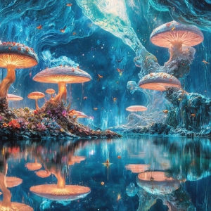 A vibrant and detailed fantasy photograph of an alien planet. Where every element appears meticulously crafted from iridescent stained glass. From a cave system, dominated by towering crystals, giant bioluminescent mushrooms, in all shapes and sizes, that glow in vibrant iridescent colors. A stream of iridescent blue water, flows down the center of the cave from a waterfall, off in the distance. The alien flora, vibrantly colored, attracting alien insects, like nothing you've ever seen. Glow worms hang down from the ceiling, emitting the entire spectrum of the rainbow in colors, they seem to dance and blend as if they are connected. Outside the cave system, the sky shimmers with a breathtaking aurora borealis that fills the sky, creating a cosmic spectacle of galaxies, nebulae, and radiant starlight, in this nighttime landscape.