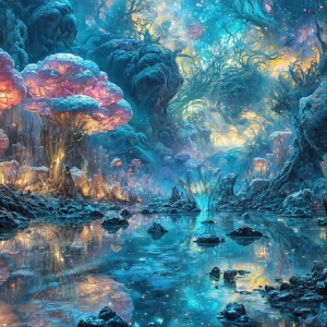 A vibrant and detailed fantasy photograph of an alien planet. Where every element appears meticulously crafted from iridescent stained glass. From a cave system, dominated by towering crystals, giant bioluminescent mushrooms, in all shapes and sizes, that glow in vibrant iridescent colors. A stream of iridescent blue water, flows down the center of the cave from a waterfall, off in the distance. The alien flora, vibrantly colored, attracting alien insects, like nothing you've ever seen. Glow worms hang down from the ceiling, emitting the entire spectrum of the rainbow in colors, they seem to dance and blend as if they are connected. Outside the cave system, the sky shimmers with a breathtaking aurora borealis that fills the sky, creating a cosmic spectacle of galaxies, nebulae, and radiant starlight, in this nighttime landscape.