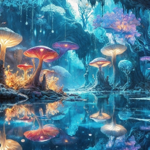 A vibrant and detailed fantasy photograph of an alien planet. Where every element appears meticulously crafted from iridescent stained glass. From a cave system, dominated by towering crystals, giant bioluminescent mushrooms, in all shapes and sizes, that glow in vibrant iridescent colors. A stream of iridescent blue water, flows down the center of the cave from a waterfall, off in the distance. The alien flora, vibrantly colored, attracting alien insects, like nothing you've ever seen. Glow worms hang down from the ceiling, emitting the entire spectrum of the rainbow in colors, they seem to dance and blend as if they are connected. Outside the cave system, the sky shimmers with a breathtaking aurora borealis that fills the sky, creating a cosmic spectacle of galaxies, nebulae, and radiant starlight, in this nighttime landscape.