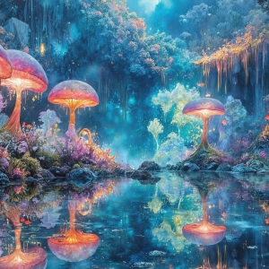 A vibrant and detailed fantasy photograph of an alien planet. Where every element appears meticulously crafted from iridescent stained glass. From a cave system, dominated by towering crystals, giant bioluminescent mushrooms, in all shapes and sizes, that glow in vibrant iridescent colors. A stream of iridescent blue water, flows down the center of the cave from a waterfall, off in the distance. The alien flora, vibrantly colored, attracting alien insects, like nothing you've ever seen. Glow worms hang down from the ceiling, emitting the entire spectrum of the rainbow in colors, they seem to dance and blend as if they are connected. Outside the cave system, the sky shimmers with a breathtaking aurora borealis that fills the sky, creating a cosmic spectacle of galaxies, nebulae, and radiant starlight, in this nighttime landscape.