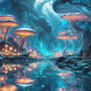 A vibrant and detailed fantasy photograph of an alien planet. Where every element appears meticulously crafted from iridescent stained glass. From a cave system, dominated by towering crystals, giant bioluminescent mushrooms, in all shapes and sizes, that glow in vibrant iridescent colors. A stream of iridescent blue water, flows down the center of the cave from a waterfall, off in the distance. The alien flora, vibrantly colored, attracting alien insects, like nothing you've ever seen. Glow worms hang down from the ceiling, emitting the entire spectrum of the rainbow in colors, they seem to dance and blend as if they are connected. Outside the cave system, the sky shimmers with a breathtaking aurora borealis that fills the sky, creating a cosmic spectacle of galaxies, nebulae, and radiant starlight, in this nighttime landscape.