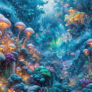 A vibrant and detailed fantasy photograph of an alien planet. Where every element appears meticulously crafted from iridescent stained glass. From a cave system, dominated by towering crystals, giant bioluminescent mushrooms, in all shapes and sizes, that glow in vibrant iridescent colors. A stream of iridescent blue water, flows down the center of the cave from a waterfall, off in the distance. The alien flora, vibrantly colored, attracting alien insects, like nothing you've ever seen. Glow worms hang down from the ceiling, emitting the entire spectrum of the rainbow in colors, they seem to dance and blend as if they are connected. Outside the cave system, the sky shimmers with a breathtaking aurora borealis that fills the sky, creating a cosmic spectacle of galaxies, nebulae, and radiant starlight, in this nighttime landscape.