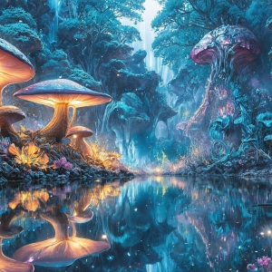 A vibrant and detailed fantasy photograph of an alien planet. Where every element appears meticulously crafted from iridescent stained glass. From a cave system, dominated by towering crystals, giant bioluminescent mushrooms, in all shapes and sizes, that glow in vibrant iridescent colors. A stream of iridescent blue water, flows down the center of the cave from a waterfall, off in the distance. The alien flora, vibrantly colored, attracting alien insects, like nothing you've ever seen. Glow worms hang down from the ceiling, emitting the entire spectrum of the rainbow in colors, they seem to dance and blend as if they are connected. Outside the cave system, the sky shimmers with a breathtaking aurora borealis that fills the sky, creating a cosmic spectacle of galaxies, nebulae, and radiant starlight, in this nighttime landscape.