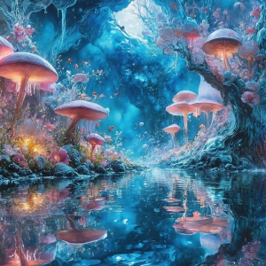 A vibrant and detailed fantasy photograph of an alien planet. Where every element appears meticulously crafted from iridescent stained glass. From a cave system, dominated by towering crystals, giant bioluminescent mushrooms, in all shapes and sizes, that glow in vibrant iridescent colors. A stream of iridescent blue water, flows down the center of the cave from a waterfall, off in the distance. The alien flora, vibrantly colored, attracting alien insects, like nothing you've ever seen. Glow worms hang down from the ceiling, emitting the entire spectrum of the rainbow in colors, they seem to dance and blend as if they are connected. Outside the cave system, the sky shimmers with a breathtaking aurora borealis that fills the sky, creating a cosmic spectacle of galaxies, nebulae, and radiant starlight, in this nighttime landscape.