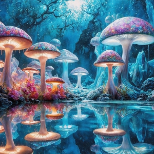 A vibrant and detailed fantasy photograph of an alien planet. Where every element appears meticulously crafted from iridescent stained glass. From a cave system, dominated by towering crystals, giant bioluminescent mushrooms, in all shapes and sizes, that glow in vibrant iridescent colors. A stream of iridescent blue water, flows down the center of the cave from a waterfall, off in the distance. The alien flora, vibrantly colored, attracting alien insects, like nothing you've ever seen. Glow worms hang down from the ceiling, emitting the entire spectrum of the rainbow in colors, they seem to dance and blend as if they are connected. Outside the cave system, the sky shimmers with a breathtaking aurora borealis that fills the sky, creating a cosmic spectacle of galaxies, nebulae, and radiant starlight, in this nighttime landscape.