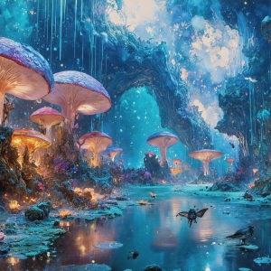 A vibrant and detailed fantasy photograph of an alien planet. Where every element appears meticulously crafted from iridescent stained glass. From a cave system, dominated by towering crystals, giant bioluminescent mushrooms, in all shapes and sizes, that glow in vibrant iridescent colors. A stream of iridescent blue water, flows down the center of the cave from a waterfall, off in the distance. The alien flora, vibrantly colored, attracting alien insects, like nothing you've ever seen. Glow worms hang down from the ceiling, emitting the entire spectrum of the rainbow in colors, they seem to dance and blend as if they are connected. Outside the cave system, the sky shimmers with a breathtaking aurora borealis that fills the sky, creating a cosmic spectacle of galaxies, nebulae, and radiant starlight, in this nighttime landscape.