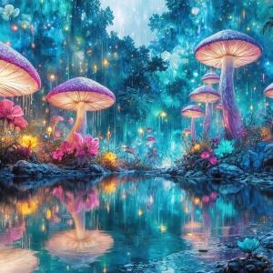 A vibrant and detailed fantasy photograph of an alien planet. Where every element appears meticulously crafted from iridescent stained glass. From a cave system, dominated by towering crystals, giant bioluminescent mushrooms, in all shapes and sizes, that glow in vibrant iridescent colors. A stream of iridescent blue water, flows down the center of the cave from a waterfall, off in the distance. The alien flora, vibrantly colored, attracting alien insects, like nothing you've ever seen. Glow worms hang down from the ceiling, emitting the entire spectrum of the rainbow in colors, they seem to dance and blend as if they are connected. Outside the cave system, the sky shimmers with a breathtaking aurora borealis that fills the sky, creating a cosmic spectacle of galaxies, nebulae, and radiant starlight, in this nighttime landscape.