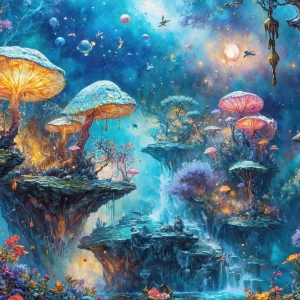 A vibrant and detailed fantasy photograph of an alien planet. Where every element appears meticulously crafted from iridescent stained glass. From a cave system, dominated by towering crystals, giant bioluminescent mushrooms, in all shapes and sizes, that glow in vibrant iridescent colors. A stream of iridescent blue water, flows down the center of the cave from a waterfall, off in the distance. The alien flora, vibrantly colored, attracting alien insects, like nothing you've ever seen. Glow worms hang down from the ceiling, emitting the entire spectrum of the rainbow in colors, they seem to dance and blend as if they are connected. Outside the cave system, the sky shimmers with a breathtaking aurora borealis that fills the sky, creating a cosmic spectacle of galaxies, nebulae, and radiant starlight, in this nighttime landscape.