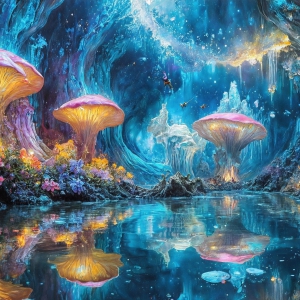 A vibrant and detailed fantasy photograph of an alien planet. Where every element appears meticulously crafted from iridescent stained glass. From a cave system, dominated by towering crystals, giant bioluminescent mushrooms, in all shapes and sizes, that glow in vibrant iridescent colors. A stream of iridescent blue water, flows down the center of the cave from a waterfall, off in the distance. The alien flora, vibrantly colored, attracting alien insects, like nothing you've ever seen. Glow worms hang down from the ceiling, emitting the entire spectrum of the rainbow in colors, they seem to dance and blend as if they are connected. Outside the cave system, the sky shimmers with a breathtaking aurora borealis that fills the sky, creating a cosmic spectacle of galaxies, nebulae, and radiant starlight, in this nighttime landscape.