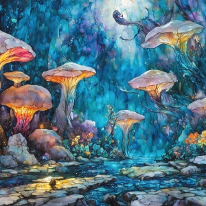 A vibrant and detailed fantasy photograph of an alien planet. Where every element appears meticulously crafted from iridescent stained glass. From a cave system, dominated by towering crystals, giant bioluminescent mushrooms, in all shapes and sizes, that glow in vibrant iridescent colors. A stream of iridescent blue water, flows down the center of the cave from a waterfall, off in the distance. The alien flora, vibrantly colored, attracting alien insects, like nothing you've ever seen. Glow worms hang down from the ceiling, emitting the entire spectrum of the rainbow in colors, they seem to dance and blend as if they are connected. Outside the cave system, the sky shimmers with a breathtaking aurora borealis that fills the sky, creating a cosmic spectacle of galaxies, nebulae, and radiant starlight, in this nighttime landscape.
