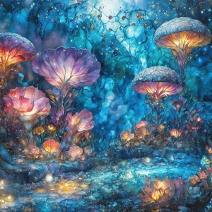 A vibrant and detailed fantasy photograph of an alien planet. Where every element appears meticulously crafted from iridescent stained glass. From a cave system, dominated by towering crystals, giant bioluminescent mushrooms, in all shapes and sizes, that glow in vibrant iridescent colors. A stream of iridescent blue water, flows down the center of the cave from a waterfall, off in the distance. The alien flora, vibrantly colored, attracting alien insects, like nothing you've ever seen. Glow worms hang down from the ceiling, emitting the entire spectrum of the rainbow in colors, they seem to dance and blend as if they are connected. Outside the cave system, the sky shimmers with a breathtaking aurora borealis that fills the sky, creating a cosmic spectacle of galaxies, nebulae, and radiant starlight, in this nighttime landscape.