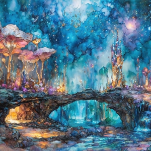 A vibrant and detailed fantasy photograph of an alien planet. Where every element appears meticulously crafted from iridescent stained glass. From a cave system, dominated by towering crystals, giant bioluminescent mushrooms, in all shapes and sizes, that glow in vibrant iridescent colors. A stream of iridescent blue water, flows down the center of the cave from a waterfall, off in the distance. The alien flora, vibrantly colored, attracting alien insects, like nothing you've ever seen. Glow worms hang down from the ceiling, emitting the entire spectrum of the rainbow in colors, they seem to dance and blend as if they are connected. Outside the cave system, the sky shimmers with a breathtaking aurora borealis that fills the sky, creating a cosmic spectacle of galaxies, nebulae, and radiant starlight, in this nighttime landscape.