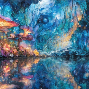A vibrant and detailed fantasy photograph of an alien planet. Where every element appears meticulously crafted from iridescent stained glass. From a cave system, dominated by towering crystals, giant bioluminescent mushrooms, in all shapes and sizes, that glow in vibrant iridescent colors. A stream of iridescent blue water, flows down the center of the cave from a waterfall, off in the distance. The alien flora, vibrantly colored, attracting alien insects, like nothing you've ever seen. Glow worms hang down from the ceiling, emitting the entire spectrum of the rainbow in colors, they seem to dance and blend as if they are connected. Outside the cave system, the sky shimmers with a breathtaking aurora borealis that fills the sky, creating a cosmic spectacle of galaxies, nebulae, and radiant starlight, in this nighttime landscape.