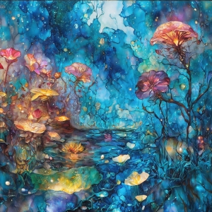 A vibrant and detailed fantasy photograph of an alien planet. Where every element appears meticulously crafted from iridescent stained glass. From a cave system, dominated by towering crystals, giant bioluminescent mushrooms, in all shapes and sizes, that glow in vibrant iridescent colors. A stream of iridescent blue water, flows down the center of the cave from a waterfall, off in the distance. The alien flora, vibrantly colored, attracting alien insects, like nothing you've ever seen. Glow worms hang down from the ceiling, emitting the entire spectrum of the rainbow in colors, they seem to dance and blend as if they are connected. Outside the cave system, the sky shimmers with a breathtaking aurora borealis that fills the sky, creating a cosmic spectacle of galaxies, nebulae, and radiant starlight, in this nighttime landscape.