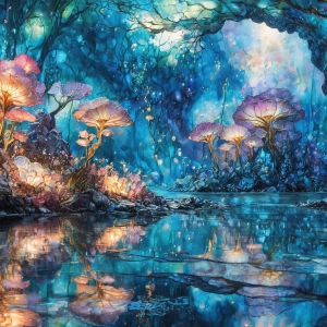 A vibrant and detailed fantasy photograph of an alien planet. Where every element appears meticulously crafted from iridescent stained glass. From a cave system, dominated by towering crystals, giant bioluminescent mushrooms, in all shapes and sizes, that glow in vibrant iridescent colors. A stream of iridescent blue water, flows down the center of the cave from a waterfall, off in the distance. The alien flora, vibrantly colored, attracting alien insects, like nothing you've ever seen. Glow worms hang down from the ceiling, emitting the entire spectrum of the rainbow in colors, they seem to dance and blend as if they are connected. Outside the cave system, the sky shimmers with a breathtaking aurora borealis that fills the sky, creating a cosmic spectacle of galaxies, nebulae, and radiant starlight, in this nighttime landscape.
