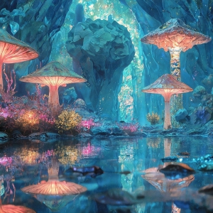 A vibrant and detailed fantasy photograph of an alien planet. Where every element appears meticulously crafted from iridescent stained glass. From a cave system, dominated by towering crystals, giant bioluminescent mushrooms, in all shapes and sizes, that glow in vibrant iridescent colors. A stream of iridescent blue water, flows down the center of the cave from a waterfall, off in the distance. The alien flora, vibrantly colored, attracting alien insects, like nothing you've ever seen. Glow worms hang down from the ceiling, emitting the entire spectrum of the rainbow in colors, they seem to dance and blend as if they are connected. Outside the cave system, the sky shimmers with a breathtaking aurora borealis that fills the sky, creating a cosmic spectacle of galaxies, nebulae, and radiant starlight, in this nighttime landscape.