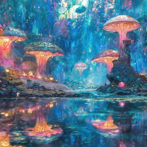 A vibrant and detailed fantasy photograph of an alien planet. Where every element appears meticulously crafted from iridescent stained glass. From a cave system, dominated by towering crystals, giant bioluminescent mushrooms, in all shapes and sizes, that glow in vibrant iridescent colors. A stream of iridescent blue water, flows down the center of the cave from a waterfall, off in the distance. The alien flora, vibrantly colored, attracting alien insects, like nothing you've ever seen. Glow worms hang down from the ceiling, emitting the entire spectrum of the rainbow in colors, they seem to dance and blend as if they are connected. Outside the cave system, the sky shimmers with a breathtaking aurora borealis that fills the sky, creating a cosmic spectacle of galaxies, nebulae, and radiant starlight, in this nighttime landscape.