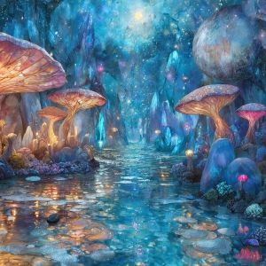 A vibrant and detailed fantasy photograph of an alien planet. Where every element appears meticulously crafted from iridescent stained glass. From a cave system, dominated by towering crystals, giant bioluminescent mushrooms, in all shapes and sizes, that glow in vibrant iridescent colors. A stream of iridescent blue water, flows down the center of the cave from a waterfall, off in the distance. The alien flora, vibrantly colored, attracting alien insects, like nothing you've ever seen. Glow worms hang down from the ceiling, emitting the entire spectrum of the rainbow in colors, they seem to dance and blend as if they are connected. Outside the cave system, the sky shimmers with a breathtaking aurora borealis that fills the sky, creating a cosmic spectacle of galaxies, nebulae, and radiant starlight, in this nighttime landscape.