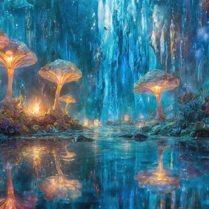A vibrant and detailed fantasy photograph of an alien planet. Where every element appears meticulously crafted from iridescent stained glass. From a cave system, dominated by towering crystals, giant bioluminescent mushrooms, in all shapes and sizes, that glow in vibrant iridescent colors. A stream of iridescent blue water, flows down the center of the cave from a waterfall, off in the distance. The alien flora, vibrantly colored, attracting alien insects, like nothing you've ever seen. Glow worms hang down from the ceiling, emitting the entire spectrum of the rainbow in colors, they seem to dance and blend as if they are connected. Outside the cave system, the sky shimmers with a breathtaking aurora borealis that fills the sky, creating a cosmic spectacle of galaxies, nebulae, and radiant starlight, in this nighttime landscape.