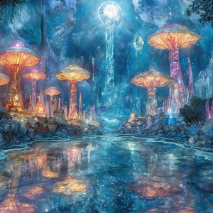 A vibrant and detailed fantasy photograph of an alien planet. Where every element appears meticulously crafted from iridescent stained glass. From a cave system, dominated by towering crystals, giant bioluminescent mushrooms, in all shapes and sizes, that glow in vibrant iridescent colors. A stream of iridescent blue water, flows down the center of the cave from a waterfall, off in the distance. The alien flora, vibrantly colored, attracting alien insects, like nothing you've ever seen. Glow worms hang down from the ceiling, emitting the entire spectrum of the rainbow in colors, they seem to dance and blend as if they are connected. Outside the cave system, the sky shimmers with a breathtaking aurora borealis that fills the sky, creating a cosmic spectacle of galaxies, nebulae, and radiant starlight, in this nighttime landscape.