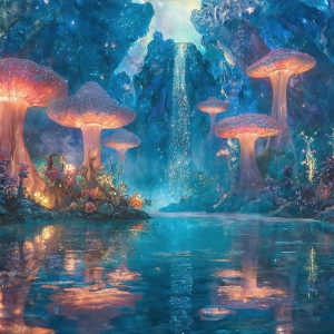 A vibrant and detailed fantasy photograph of an alien planet. Where every element appears meticulously crafted from iridescent stained glass. From a cave system, dominated by towering crystals, giant bioluminescent mushrooms, in all shapes and sizes, that glow in vibrant iridescent colors. A stream of iridescent blue water, flows down the center of the cave from a waterfall, off in the distance. The alien flora, vibrantly colored, attracting alien insects, like nothing you've ever seen. Glow worms hang down from the ceiling, emitting the entire spectrum of the rainbow in colors, they seem to dance and blend as if they are connected. Outside the cave system, the sky shimmers with a breathtaking aurora borealis that fills the sky, creating a cosmic spectacle of galaxies, nebulae, and radiant starlight, in this nighttime landscape.