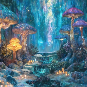 A vibrant and detailed fantasy photograph of an alien planet. Where every element appears meticulously crafted from iridescent stained glass. From a cave system, dominated by towering crystals, giant bioluminescent mushrooms, in all shapes and sizes, that glow in vibrant iridescent colors. A stream of iridescent blue water, flows down the center of the cave from a waterfall, off in the distance. The alien flora, vibrantly colored, attracting alien insects, like nothing you've ever seen. Glow worms hang down from the ceiling, emitting the entire spectrum of the rainbow in colors, they seem to dance and blend as if they are connected. Outside the cave system, the sky shimmers with a breathtaking aurora borealis that fills the sky, creating a cosmic spectacle of galaxies, nebulae, and radiant starlight, in this nighttime landscape.