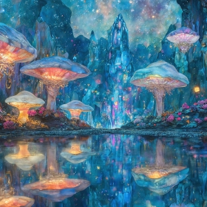 A vibrant and detailed fantasy photograph of an alien planet. Where every element appears meticulously crafted from iridescent stained glass. From a cave system, dominated by towering crystals, giant bioluminescent mushrooms, in all shapes and sizes, that glow in vibrant iridescent colors. A stream of iridescent blue water, flows down the center of the cave from a waterfall, off in the distance. The alien flora, vibrantly colored, attracting alien insects, like nothing you've ever seen. Glow worms hang down from the ceiling, emitting the entire spectrum of the rainbow in colors, they seem to dance and blend as if they are connected. Outside the cave system, the sky shimmers with a breathtaking aurora borealis that fills the sky, creating a cosmic spectacle of galaxies, nebulae, and radiant starlight, in this nighttime landscape.