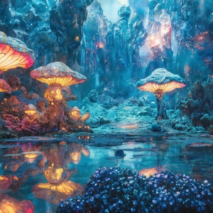 A vibrant and detailed fantasy photograph of an alien planet. Where every element appears meticulously crafted from iridescent stained glass. From a cave system, dominated by towering crystals, giant bioluminescent mushrooms, in all shapes and sizes, that glow in vibrant iridescent colors. A stream of iridescent blue water, flows down the center of the cave from a waterfall, off in the distance. The alien flora, vibrantly colored, attracting alien insects, like nothing you've ever seen. Glow worms hang down from the ceiling, emitting the entire spectrum of the rainbow in colors, they seem to dance and blend as if they are connected. Outside the cave system, the sky shimmers with a breathtaking aurora borealis that fills the sky, creating a cosmic spectacle of galaxies, nebulae, and radiant starlight, in this nighttime landscape.