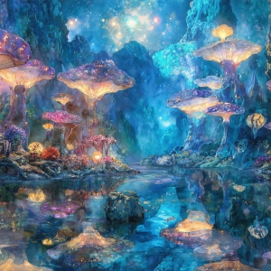 A vibrant and detailed fantasy photograph of an alien planet. Where every element appears meticulously crafted from iridescent stained glass. From a cave system, dominated by towering crystals, giant bioluminescent mushrooms, in all shapes and sizes, that glow in vibrant iridescent colors. A stream of iridescent blue water, flows down the center of the cave from a waterfall, off in the distance. The alien flora, vibrantly colored, attracting alien insects, like nothing you've ever seen. Glow worms hang down from the ceiling, emitting the entire spectrum of the rainbow in colors, they seem to dance and blend as if they are connected. Outside the cave system, the sky shimmers with a breathtaking aurora borealis that fills the sky, creating a cosmic spectacle of galaxies, nebulae, and radiant starlight, in this nighttime landscape.