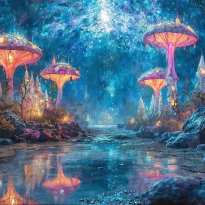 A vibrant and detailed fantasy photograph of an alien planet. Where every element appears meticulously crafted from iridescent stained glass. From a cave system, dominated by towering crystals, giant bioluminescent mushrooms, in all shapes and sizes, that glow in vibrant iridescent colors. A stream of iridescent blue water, flows down the center of the cave from a waterfall, off in the distance. The alien flora, vibrantly colored, attracting alien insects, like nothing you've ever seen. Glow worms hang down from the ceiling, emitting the entire spectrum of the rainbow in colors, they seem to dance and blend as if they are connected. Outside the cave system, the sky shimmers with a breathtaking aurora borealis that fills the sky, creating a cosmic spectacle of galaxies, nebulae, and radiant starlight, in this nighttime landscape.