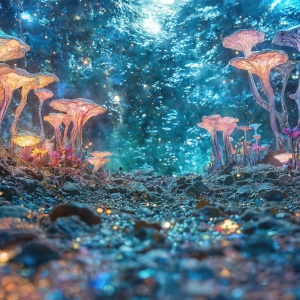 A vibrant and detailed fantasy photograph of an alien planet. Where every element appears meticulously crafted from iridescent stained glass. From a cave system, dominated by towering crystals, giant bioluminescent mushrooms, in all shapes and sizes, that glow in vibrant iridescent colors. A stream of iridescent blue water, flows down the center of the cave from a waterfall, off in the distance. The alien flora, vibrantly colored, attracting alien insects, like nothing you've ever seen. Glow worms hang down from the ceiling, emitting the entire spectrum of the rainbow in colors, they seem to dance and blend as if they are connected. Outside the cave system, the sky shimmers with a breathtaking aurora borealis that fills the sky, creating a cosmic spectacle of galaxies, nebulae, and radiant starlight, in this nighttime landscape.