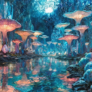 A vibrant and detailed fantasy photograph of an alien planet. Where every element appears meticulously crafted from iridescent stained glass. From a cave system, dominated by towering crystals, giant bioluminescent mushrooms, in all shapes and sizes, that glow in vibrant iridescent colors. A stream of iridescent blue water, flows down the center of the cave from a waterfall, off in the distance. The alien flora, vibrantly colored, attracting alien insects, like nothing you've ever seen. Glow worms hang down from the ceiling, emitting the entire spectrum of the rainbow in colors, they seem to dance and blend as if they are connected. Outside the cave system, the sky shimmers with a breathtaking aurora borealis that fills the sky, creating a cosmic spectacle of galaxies, nebulae, and radiant starlight, in this nighttime landscape.