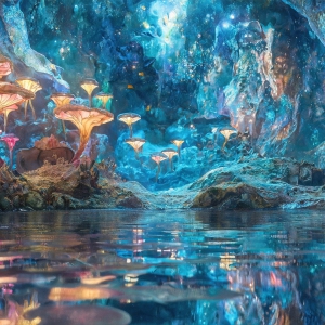 A vibrant and detailed fantasy photograph of an alien planet. Where every element appears meticulously crafted from iridescent stained glass. From a cave system, dominated by towering crystals, giant bioluminescent mushrooms, in all shapes and sizes, that glow in vibrant iridescent colors. A stream of iridescent blue water, flows down the center of the cave from a waterfall, off in the distance. The alien flora, vibrantly colored, attracting alien insects, like nothing you've ever seen. Glow worms hang down from the ceiling, emitting the entire spectrum of the rainbow in colors, they seem to dance and blend as if they are connected. Outside the cave system, the sky shimmers with a breathtaking aurora borealis that fills the sky, creating a cosmic spectacle of galaxies, nebulae, and radiant starlight, in this nighttime landscape.
