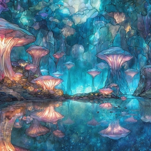 A vibrant and detailed fantasy photograph of an alien planet. Where every element appears meticulously crafted from iridescent stained glass. From a cave system, dominated by towering crystals, giant bioluminescent mushrooms, in all shapes and sizes, that glow in vibrant iridescent colors. A stream of iridescent blue water, flows down the center of the cave from a waterfall, off in the distance. The alien flora, vibrantly colored, attracting alien insects, like nothing you've ever seen. Glow worms hang down from the ceiling, emitting the entire spectrum of the rainbow in colors, they seem to dance and blend as if they are connected. Outside the cave system, the sky shimmers with a breathtaking aurora borealis that fills the sky, creating a cosmic spectacle of galaxies, nebulae, and radiant starlight, in this nighttime landscape.