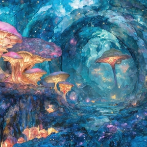 A vibrant and detailed fantasy photograph of an alien planet. Where every element appears meticulously crafted from iridescent stained glass. From a cave system, dominated by towering crystals, giant bioluminescent mushrooms, in all shapes and sizes, that glow in vibrant iridescent colors. A stream of iridescent blue water, flows down the center of the cave from a waterfall, off in the distance. The alien flora, vibrantly colored, attracting alien insects, like nothing you've ever seen. Glow worms hang down from the ceiling, emitting the entire spectrum of the rainbow in colors, they seem to dance and blend as if they are connected. Outside the cave system, the sky shimmers with a breathtaking aurora borealis that fills the sky, creating a cosmic spectacle of galaxies, nebulae, and radiant starlight, in this nighttime landscape.