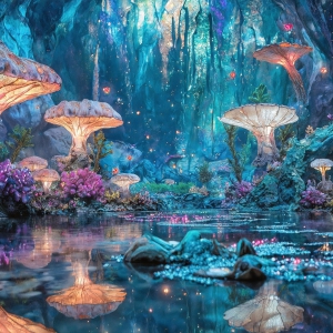A vibrant and detailed fantasy photograph of an alien planet. Where every element appears meticulously crafted from iridescent stained glass. From a cave system, dominated by towering crystals, giant bioluminescent mushrooms, in all shapes and sizes, that glow in vibrant iridescent colors. A stream of iridescent blue water, flows down the center of the cave from a waterfall, off in the distance. The alien flora, vibrantly colored, attracting alien insects, like nothing you've ever seen. Glow worms hang down from the ceiling, emitting the entire spectrum of the rainbow in colors, they seem to dance and blend as if they are connected. Outside the cave system, the sky shimmers with a breathtaking aurora borealis that fills the sky, creating a cosmic spectacle of galaxies, nebulae, and radiant starlight, in this nighttime landscape.
