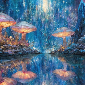 A vibrant and detailed fantasy photograph of an alien planet. Where every element appears meticulously crafted from iridescent stained glass. From a cave system, dominated by towering crystals, giant bioluminescent mushrooms, in all shapes and sizes, that glow in vibrant iridescent colors. A stream of iridescent blue water, flows down the center of the cave from a waterfall, off in the distance. The alien flora, vibrantly colored, attracting alien insects, like nothing you've ever seen. Glow worms hang down from the ceiling, emitting the entire spectrum of the rainbow in colors, they seem to dance and blend as if they are connected. Outside the cave system, the sky shimmers with a breathtaking aurora borealis that fills the sky, creating a cosmic spectacle of galaxies, nebulae, and radiant starlight, in this nighttime landscape.